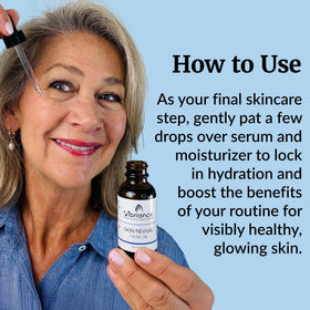 Vibriance facial oil texture on hand, demonstrating lightweight absorption benefit