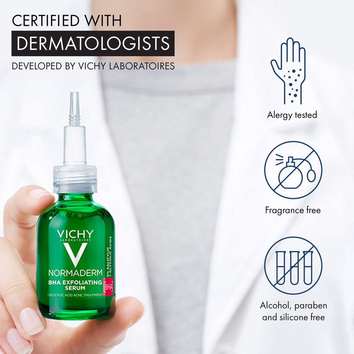 Vichy application drops on hand before applying, shows controlled easy dosing