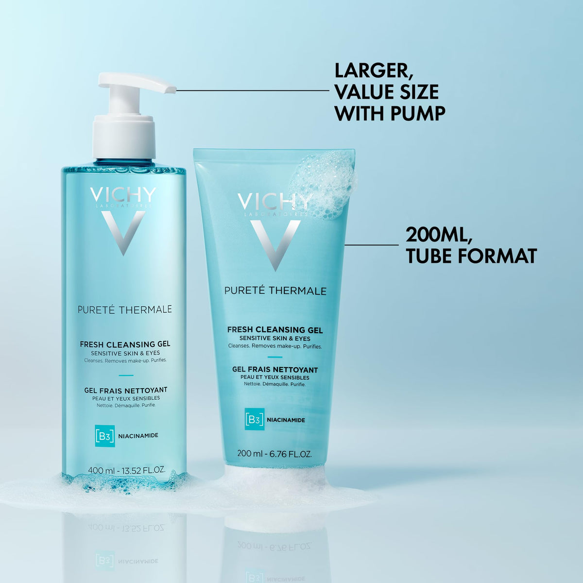 VICHY bottle label close-up featuring niacinamide and volcanic water benefits