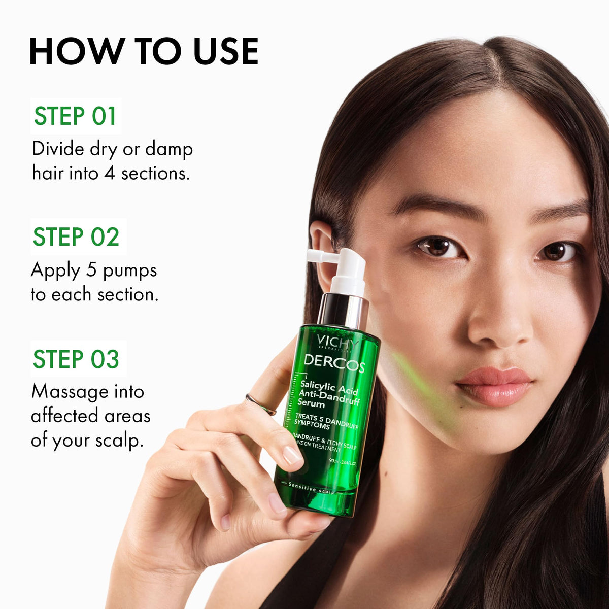 Vichy Dercos being applied to scalp demonstrating targeted relief and quick comfort