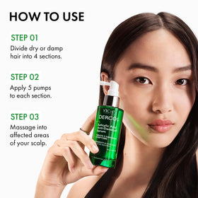Vichy Dercos being applied to scalp demonstrating targeted relief and quick comfort