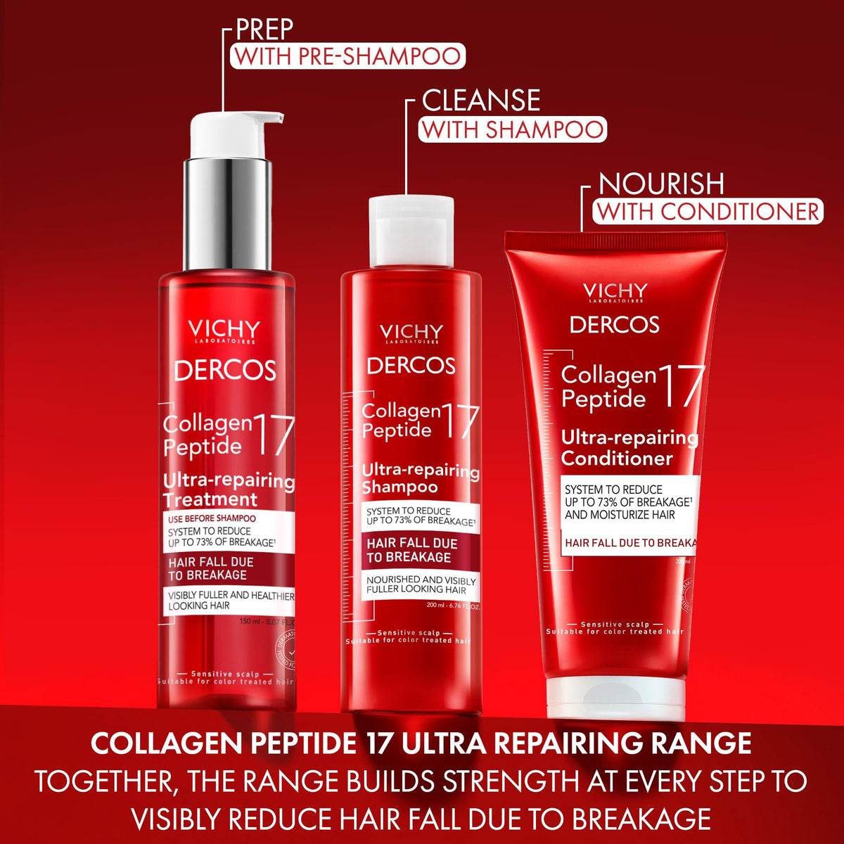 VICHY product in shower being applied to hair to reduce breakage