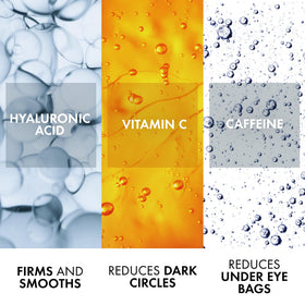 VICHY product being applied to finger, highlights precision dosing and depuffing benefit