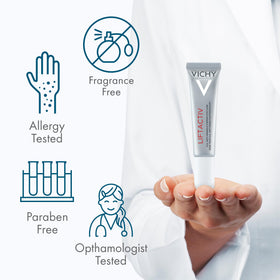 VICHY jar in hand showing 0.51 oz scale, communicates travel-friendly size and convenience