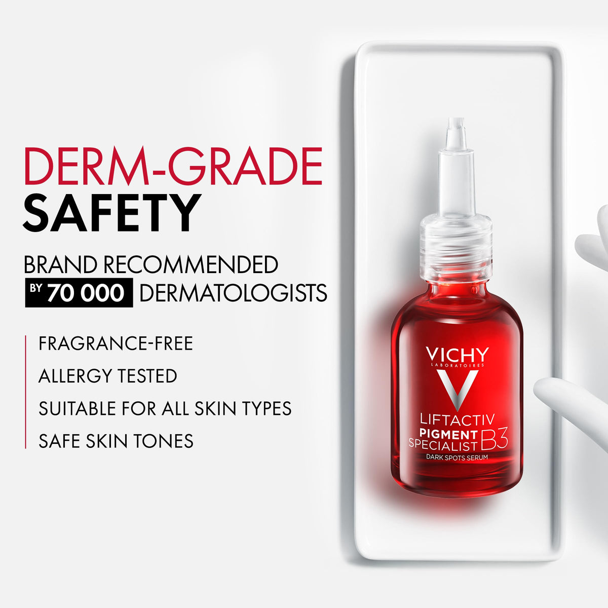 Vichy before and after scale, highlights visible dark spot reduction benefit