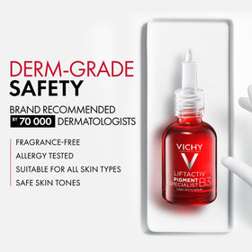 Vichy before and after scale, highlights visible dark spot reduction benefit