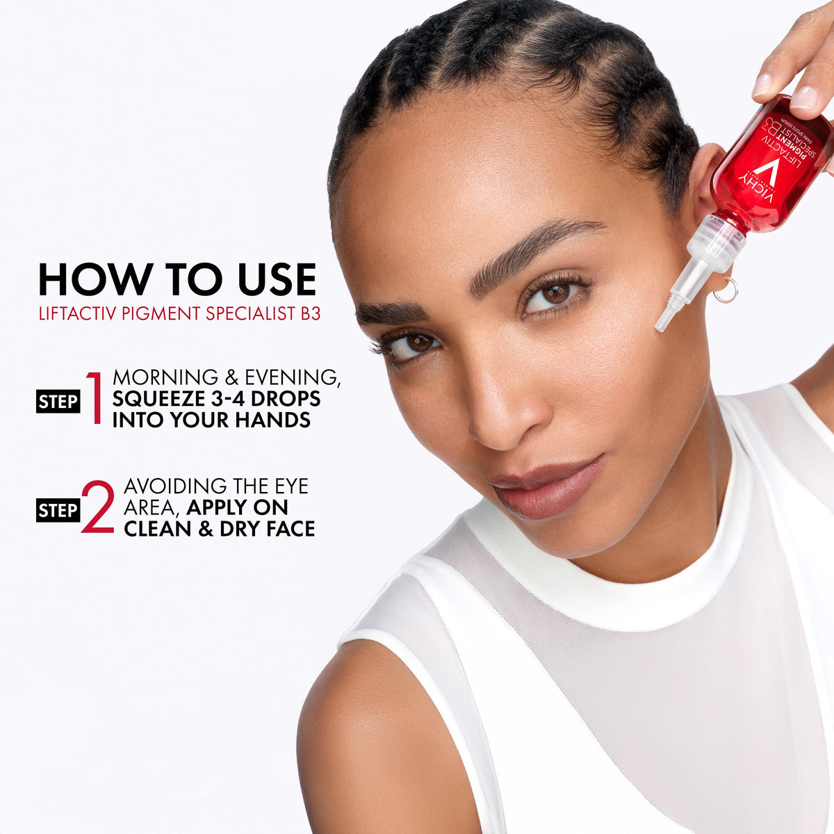 Vichy bottle on bathroom shelf, everyday routine inclusion benefit