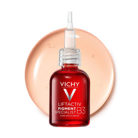 Vichy front packaging showing bottle and box, clear brand benefit