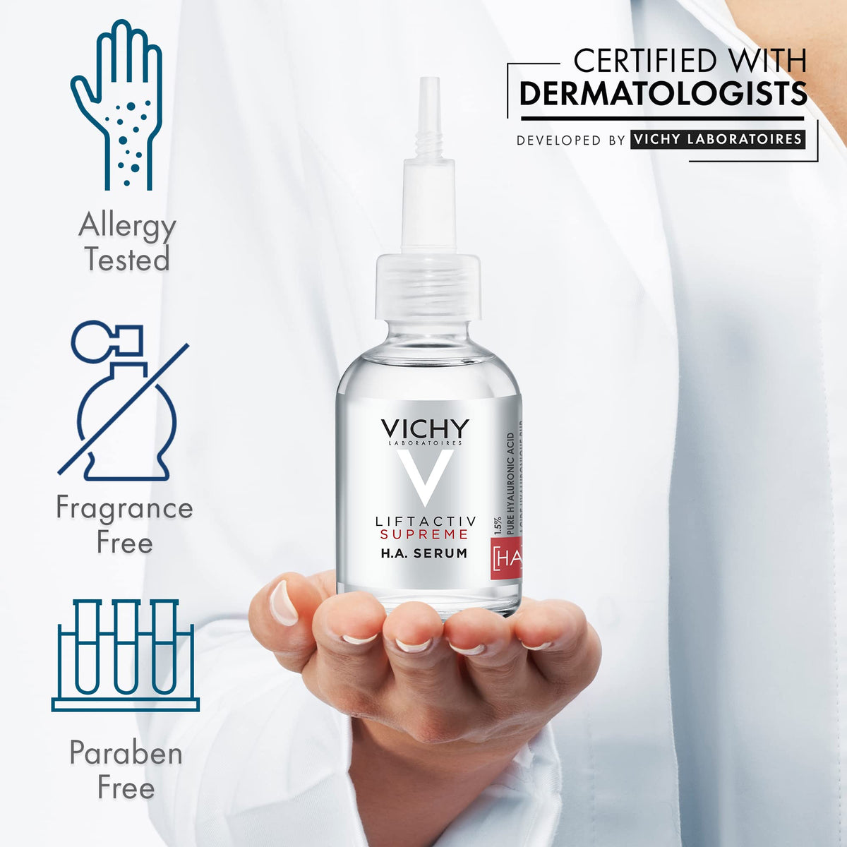 VICHY applying serum to neck showing targeted firming and hydration