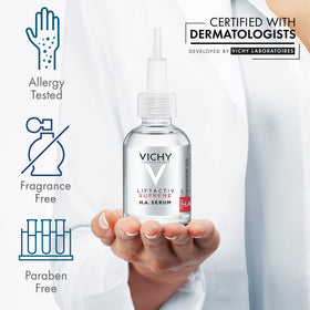 VICHY applying serum to neck showing targeted firming and hydration