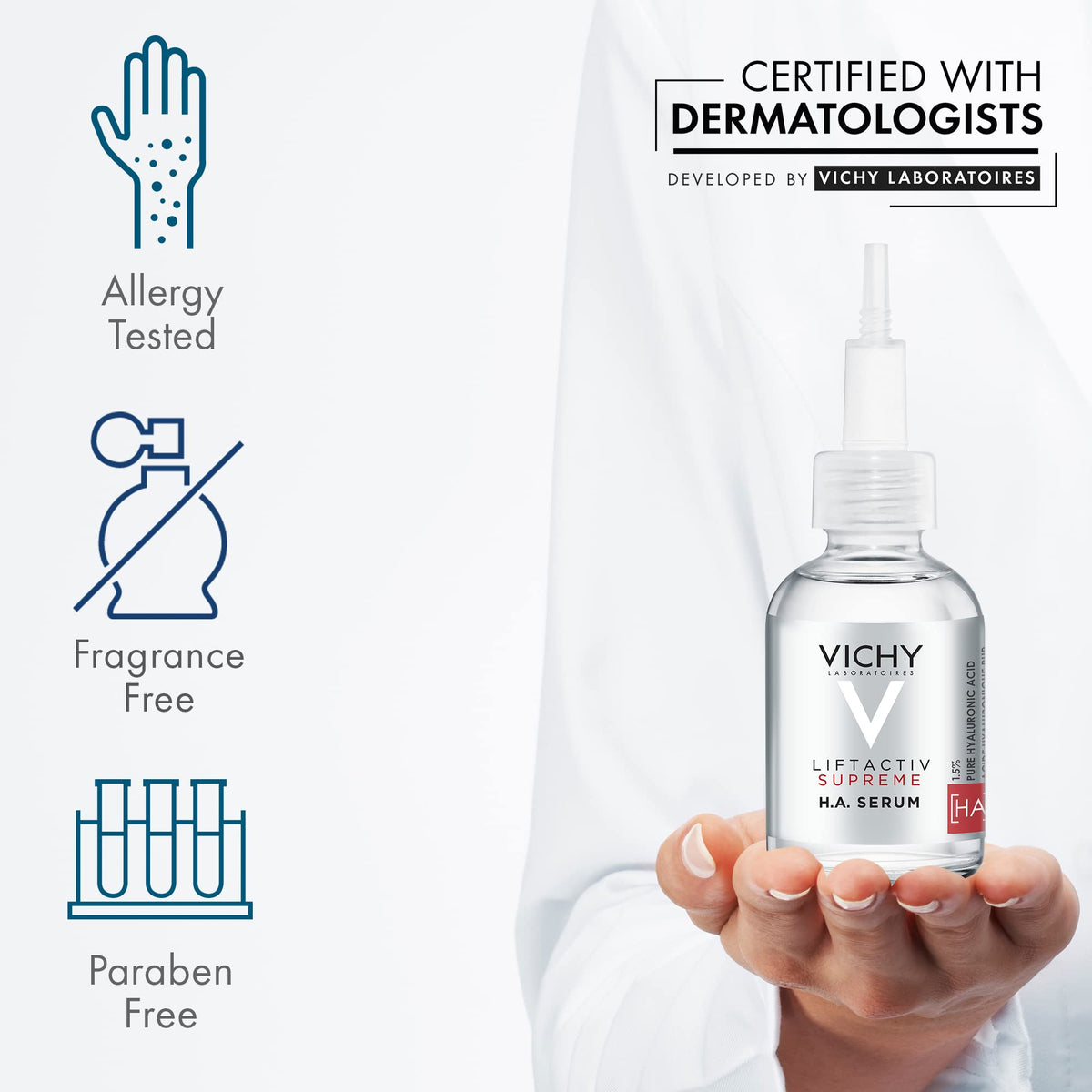 VICHY bottle beside ruler indicating compact size for travel convenience