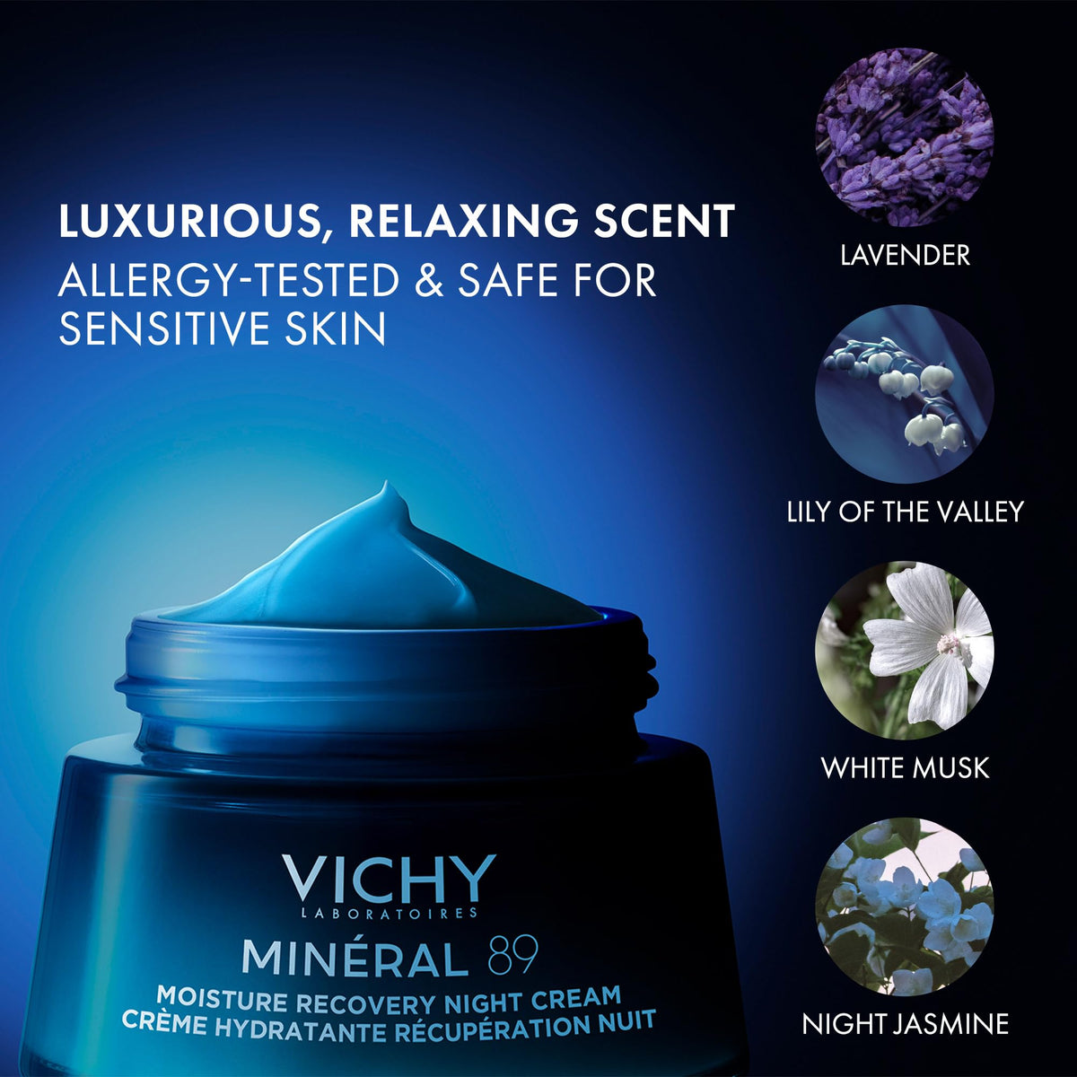 VICHY jar on bedside table suggesting night routine relaxation benefit