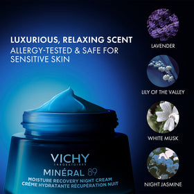 VICHY jar on bedside table suggesting night routine relaxation benefit