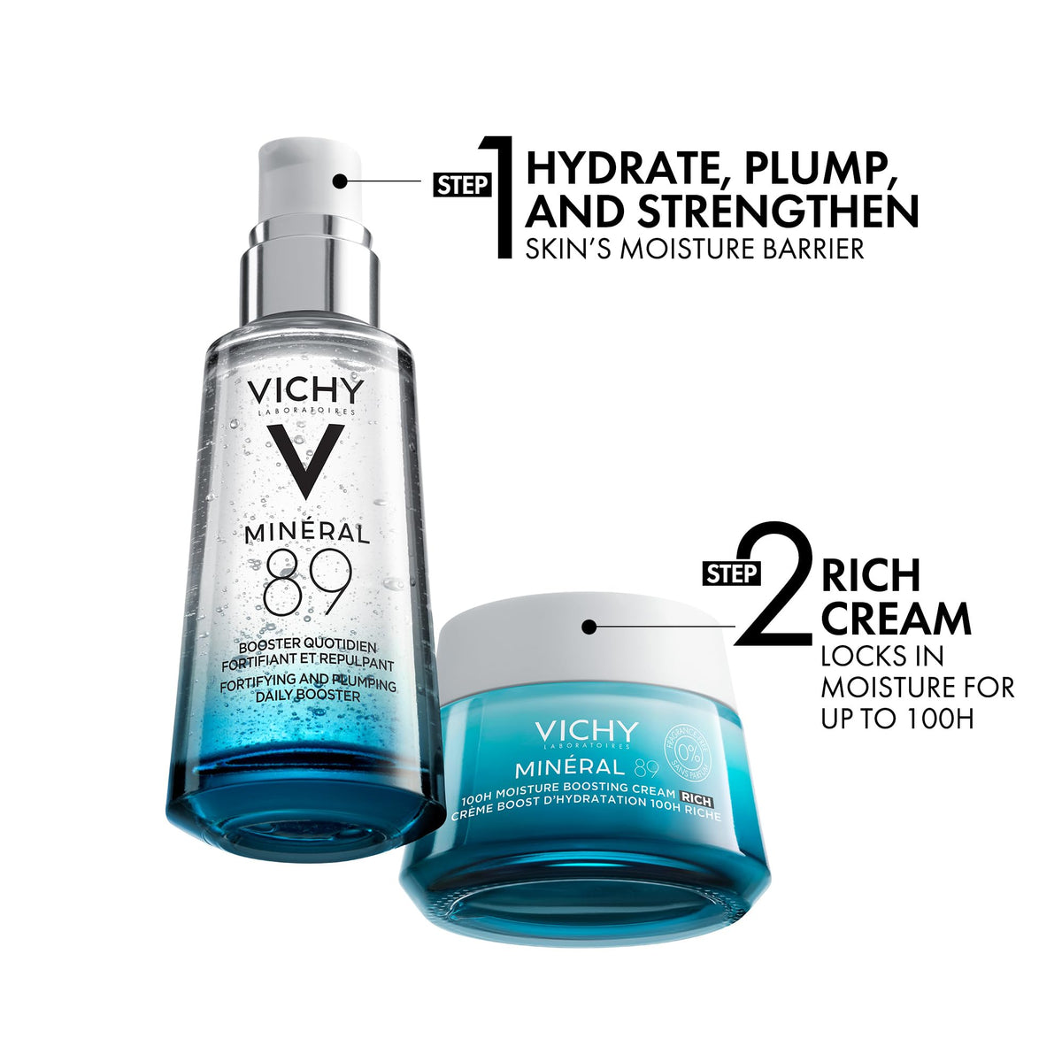 VICHY jar on bathroom shelf lifestyle shot promoting routine hydration ritual