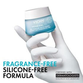 VICHY Minéral 89 sorbet applied on hand showing absorption and non-greasy finish