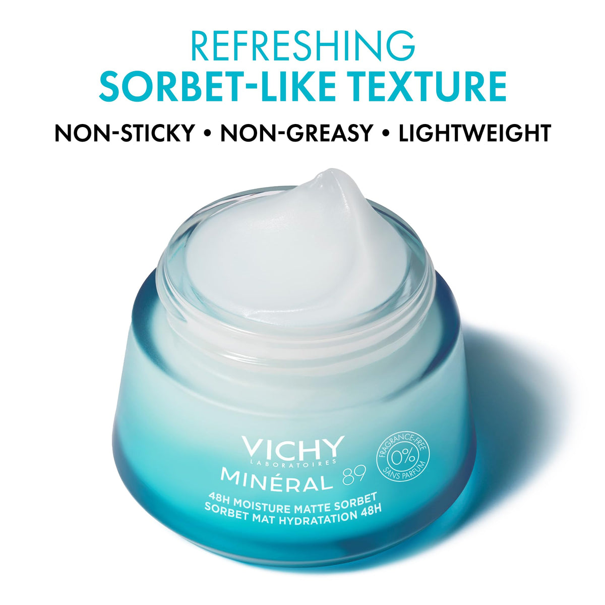 VICHY Minéral 89 sorbet open jar revealing lightweight gel texture and cooling surface