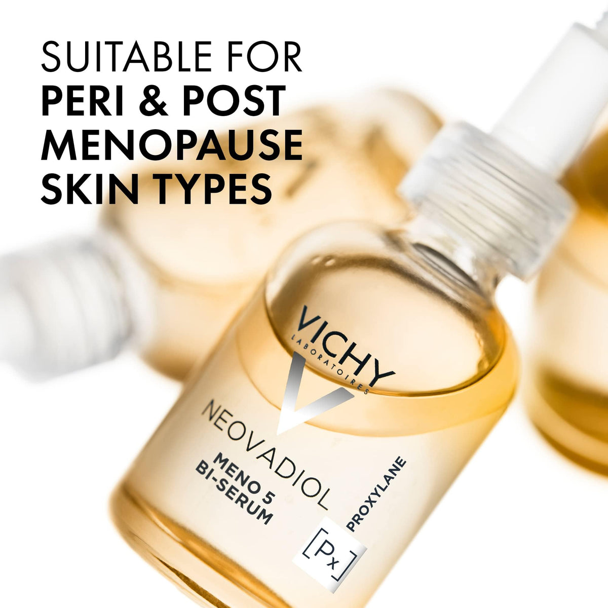 Vichy Neovadiol serum with key ingredient visuals highlighting targeted benefits