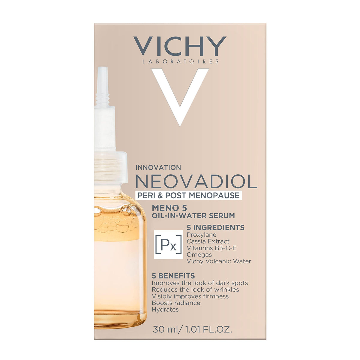 Vichy Neovadiol serum next to hand for size comparison and easy carry benefit
