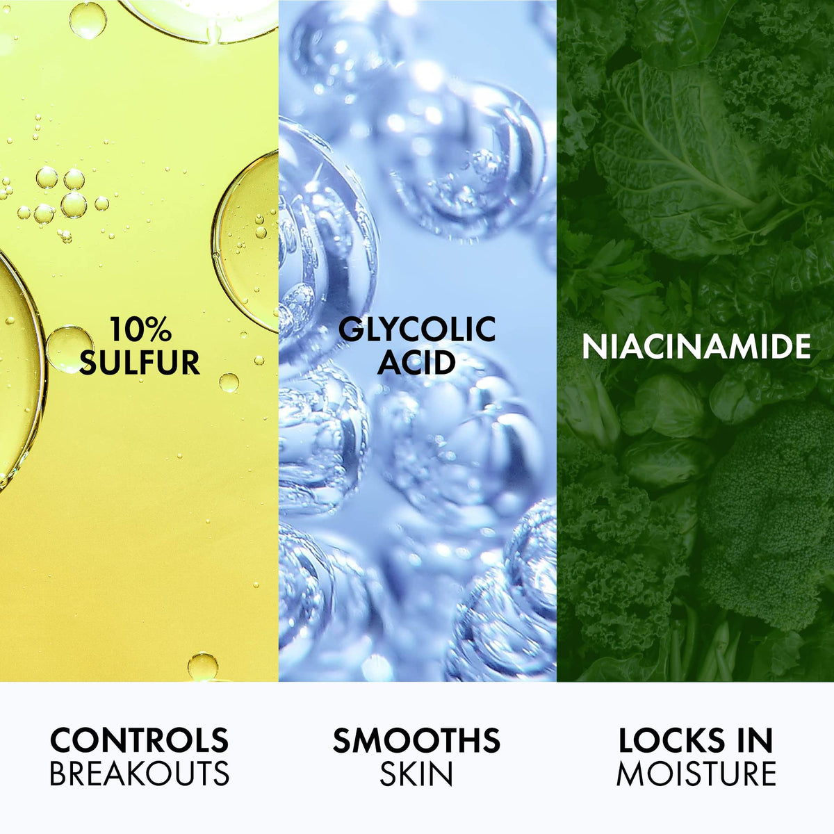 Vichy ingredient visualization featuring sulfur and niacinamide highlighting targeted action
