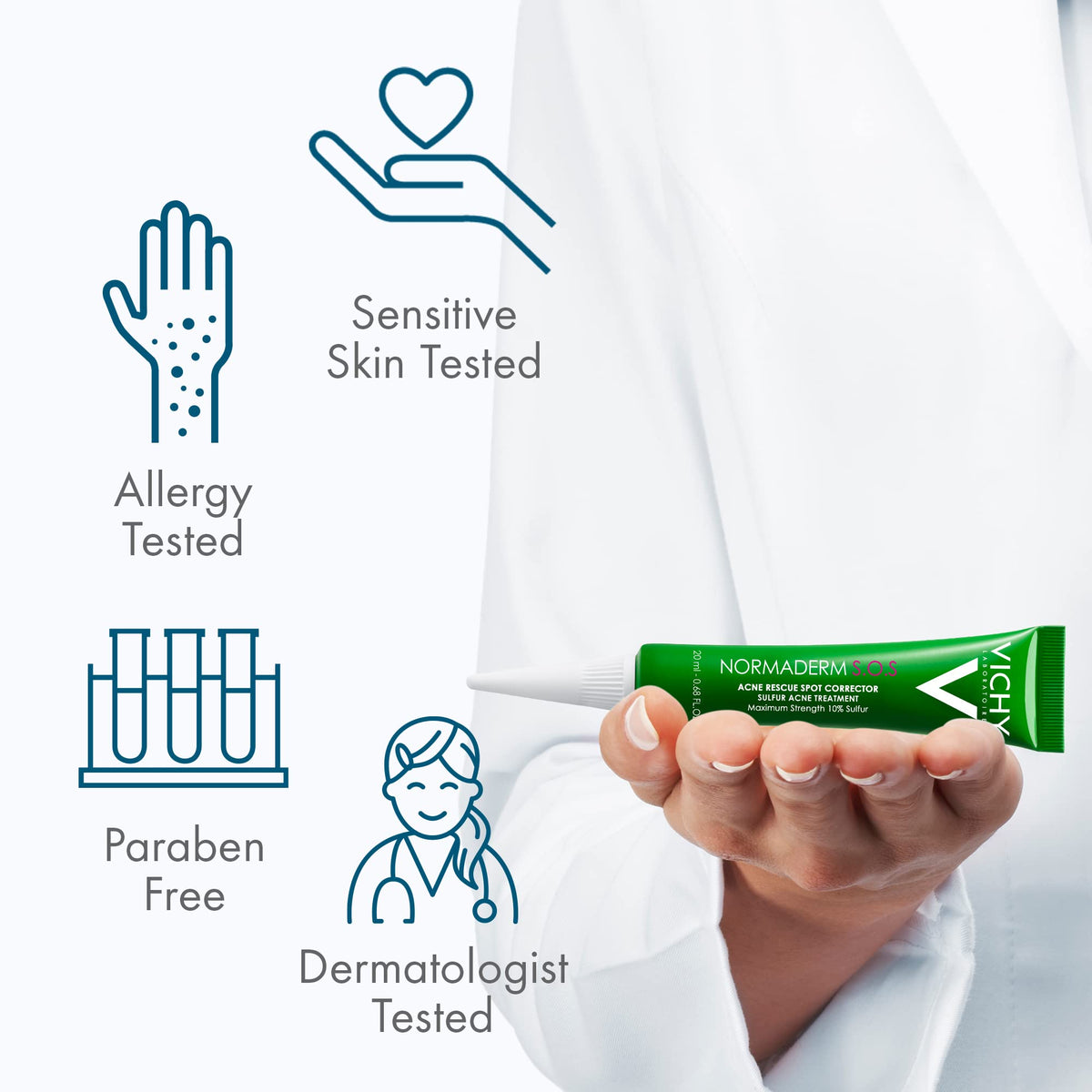 Vichy size comparison in hand showing tube scale for travel-friendly convenience