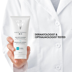 VICHY being massaged into skin by hand to soothe and cleanse sensitive skin