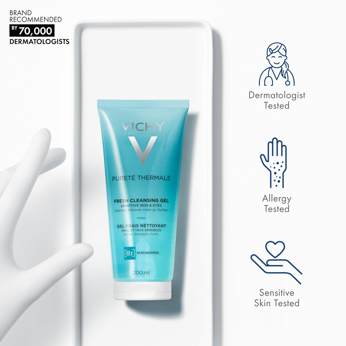 VICHY removing makeup from eye area demonstrating gentle effectiveness benefit