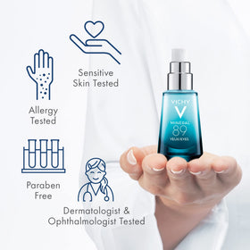 VICHY tube beside fingernail for size reference and travel-friendly benefit