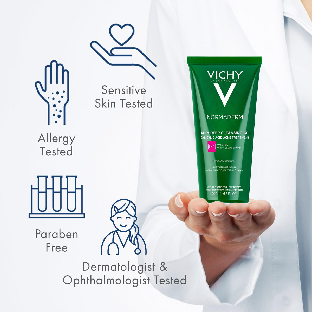 VICHY bottle next to ruler showing product size for travel convenience