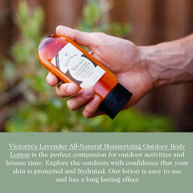 Victoria's Lavender label detail highlighting essential oils and aloe ingredients