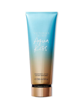 Victoria's Secret front packaging of Aqua Kiss lotion showing size and label, highlights convenient everyday use