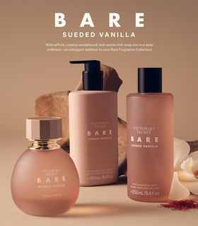 Victoria's Secret bottle next to everyday items showing 8.4 oz travel-friendly size