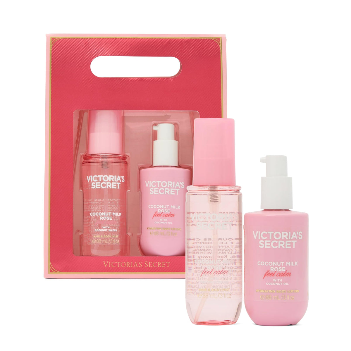 Victoria's Secret front packaging of Coconut Milk Rose gift set showing boxed duo and gifting appeal