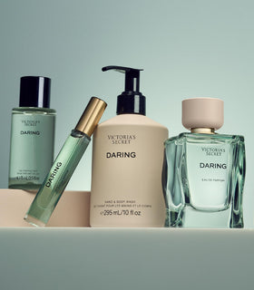 Victoria's Secret 10 oz bottle on dresser showing real-world size and scale