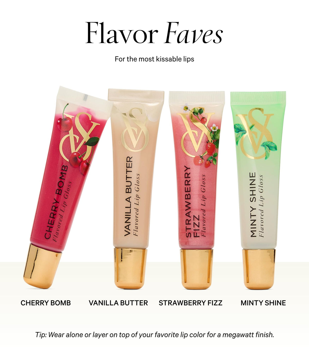Victoria's Secret close-up of gloss tubes and labels highlighting flavors and glossy finish benefits