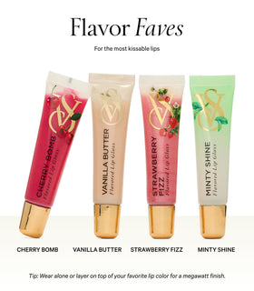 Victoria's Secret close-up of gloss tubes and labels highlighting flavors and glossy finish benefits
