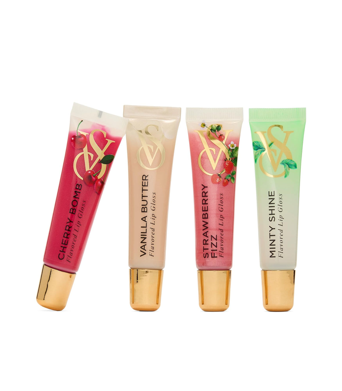 Victoria's Secret lip glosses arranged in a purse in a lifestyle scene, ideal for on-the-go touch-ups