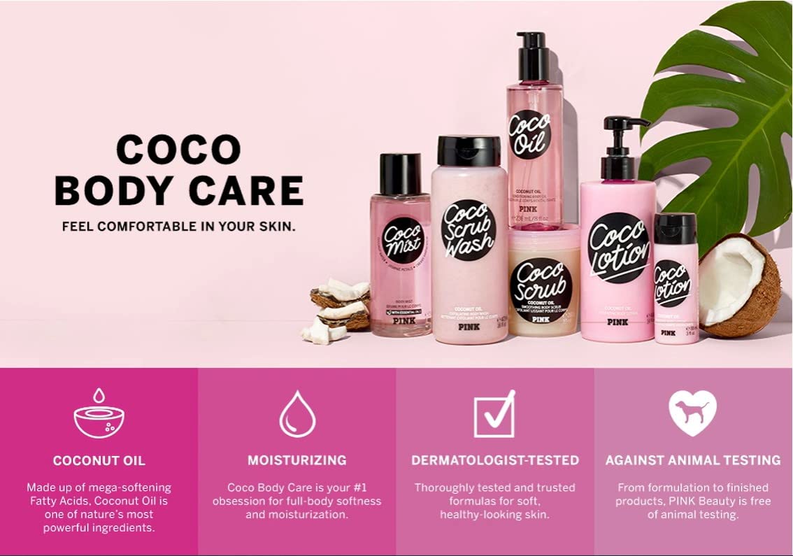 Victoria's Secret Pink label detail highlighting coconut oil and recycled bottle benefit