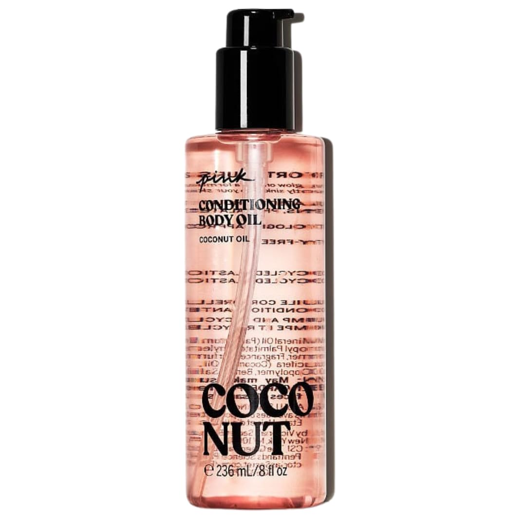 Victoria's Secret Pink Coco Oil front bottle showing label and golden oil for moisturizing