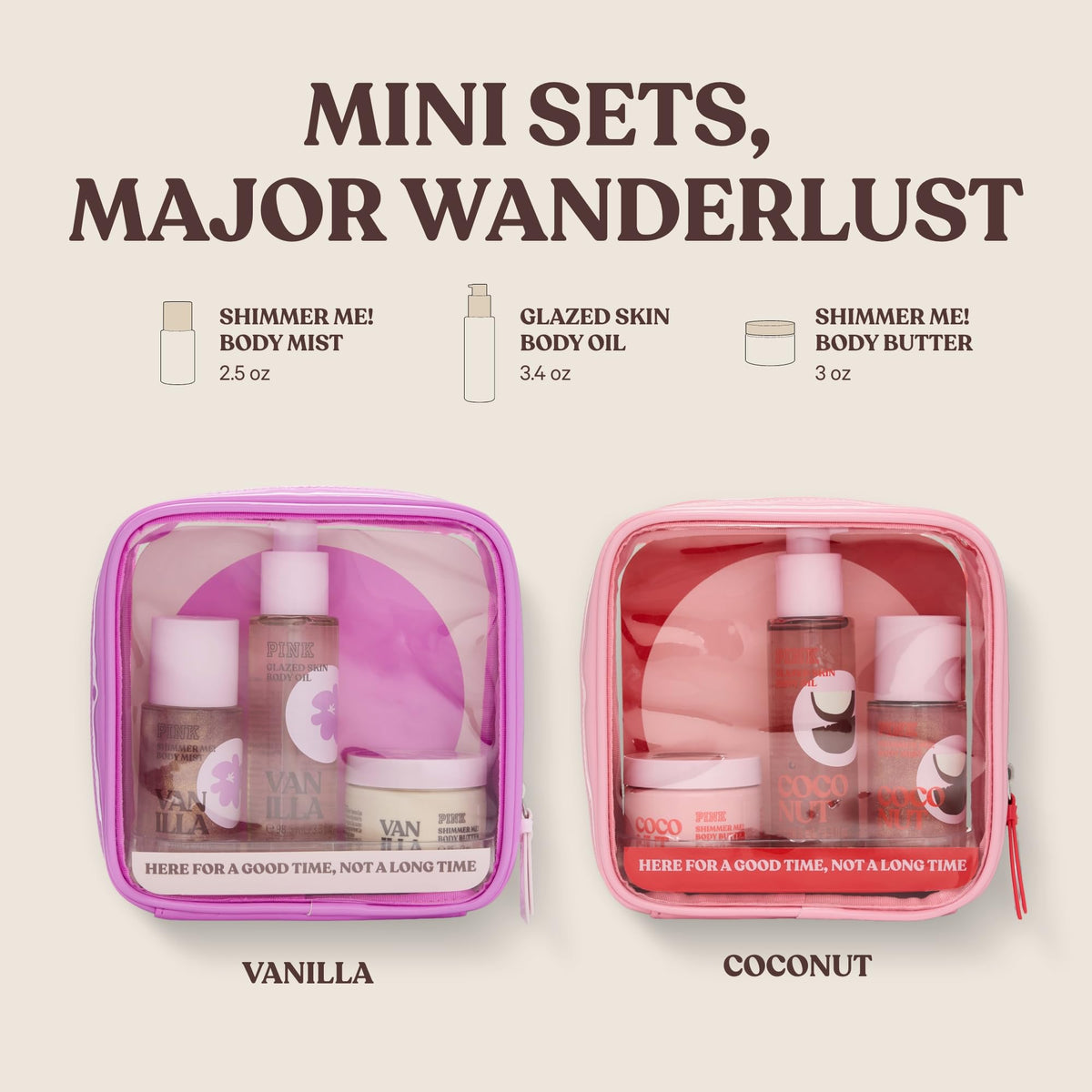 Victoria's Secret PINK trio next to a ruler to show compact travel-friendly sizes