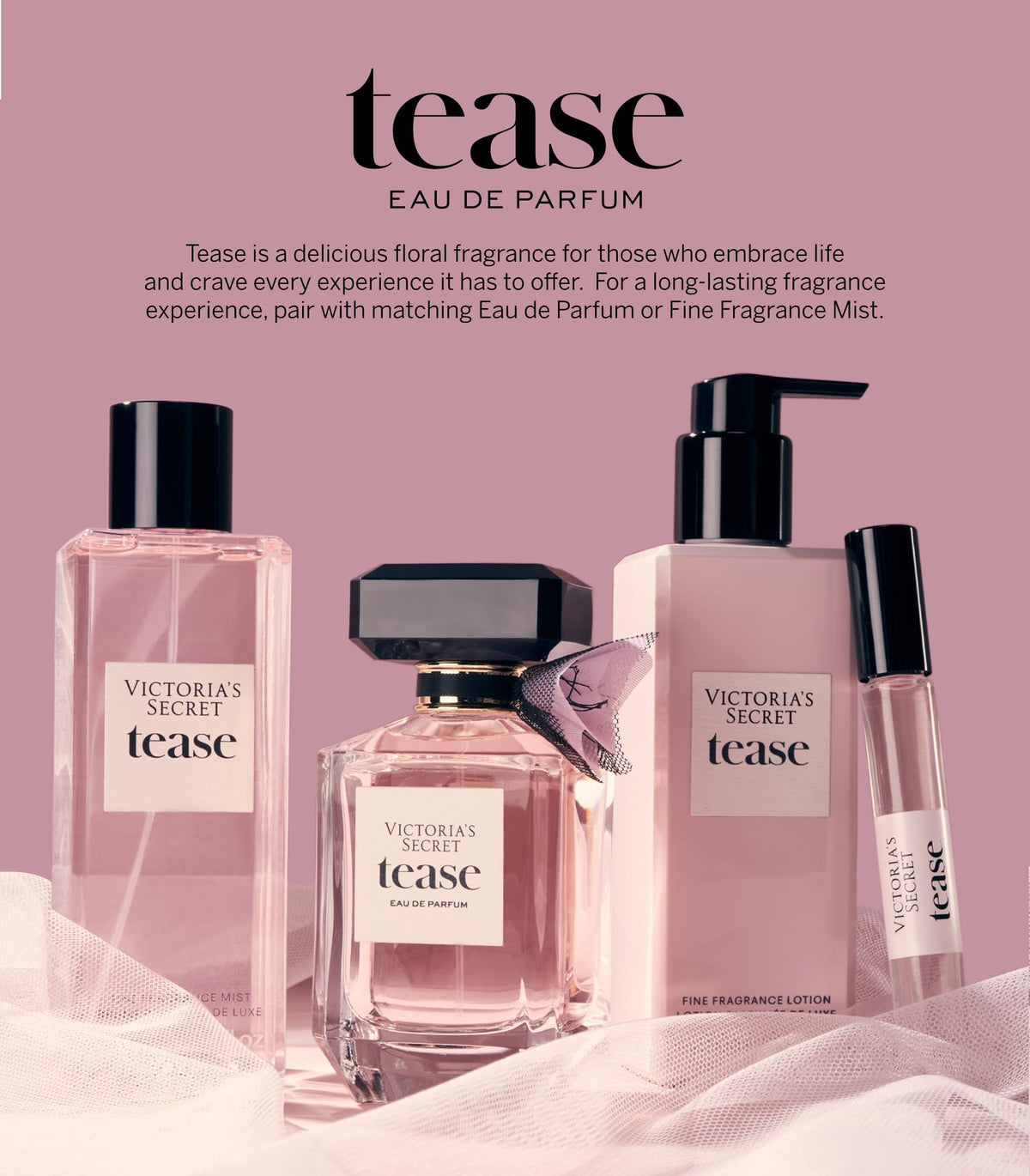 Victoria's Secret bottle in hand for scale, showing compact travel-friendly 8.4 oz size