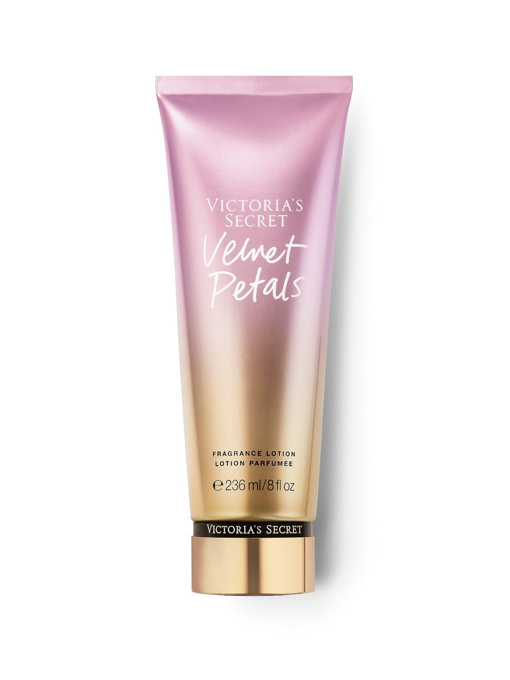 Victoria's Secret front bottle view showing Velvet Petals lotion and elegant packaging benefit