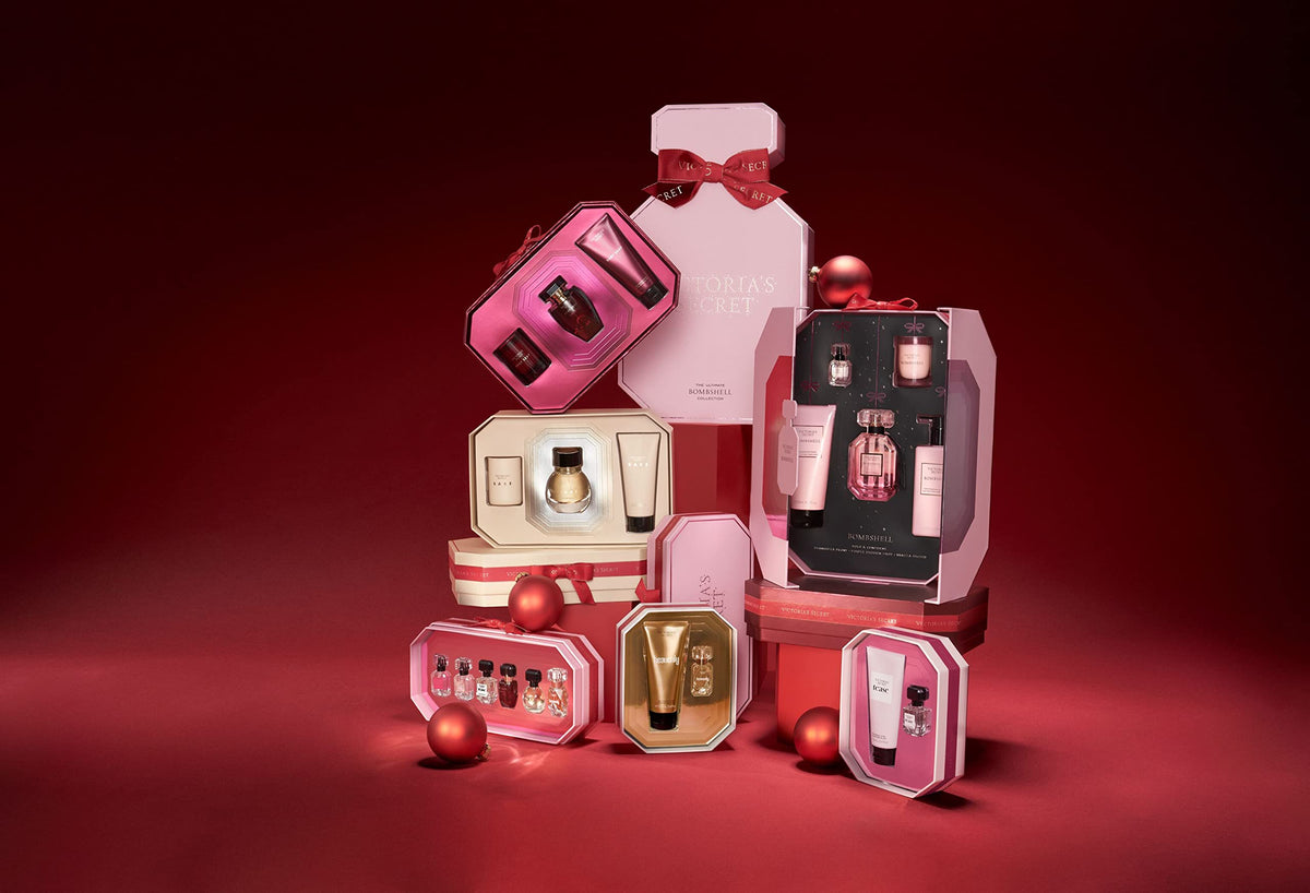 Victoria's Secret products on a vanity at dusk, creates glamorous evening routine