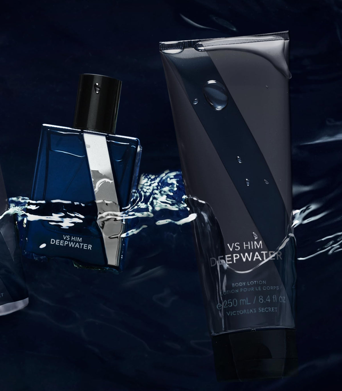 Victoria's Secret VS Him Deepwater on bathroom shelf styled for everyday grooming convenience