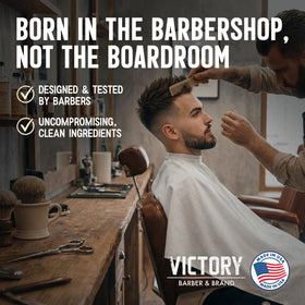 Victory Barber & Brand lifestyle outdoor flannel shot implying rugged woodsy scent benefit