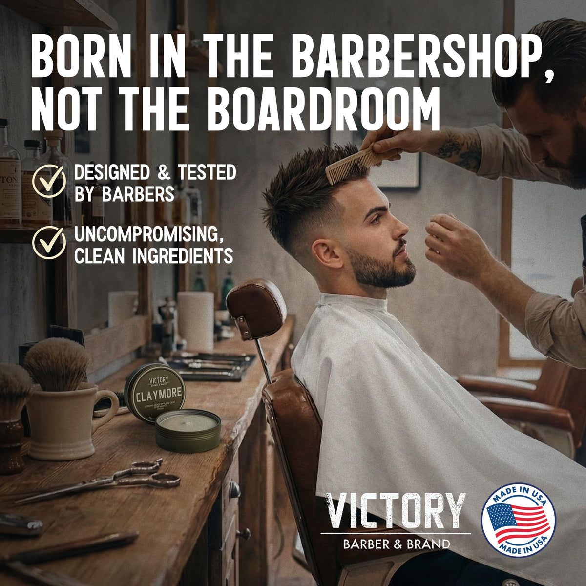 Victory Barber & Brand label close-up showing made in USA quality