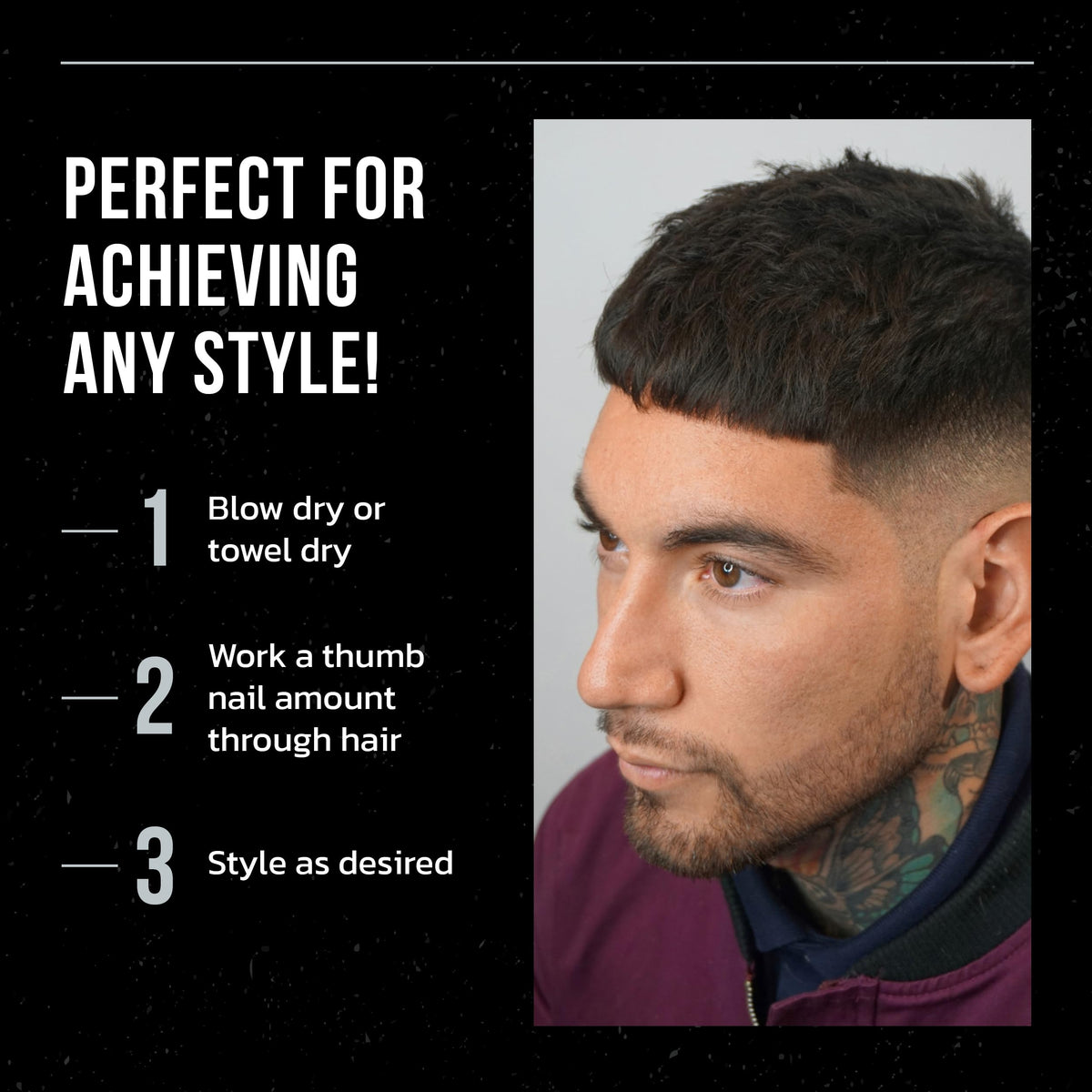 Victory Crown styled model with textured matte hair, natural finish benefit