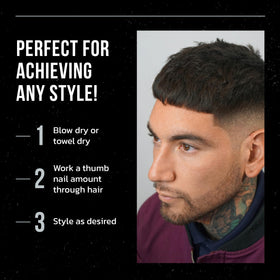Victory Crown styled model with textured matte hair, natural finish benefit