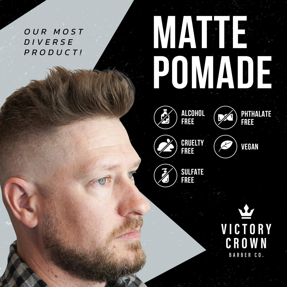 Victory Crown open tin revealing matte pomade texture and easy scoop