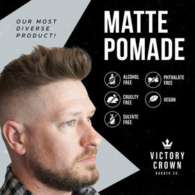 Victory Crown open tin revealing matte pomade texture and easy scoop