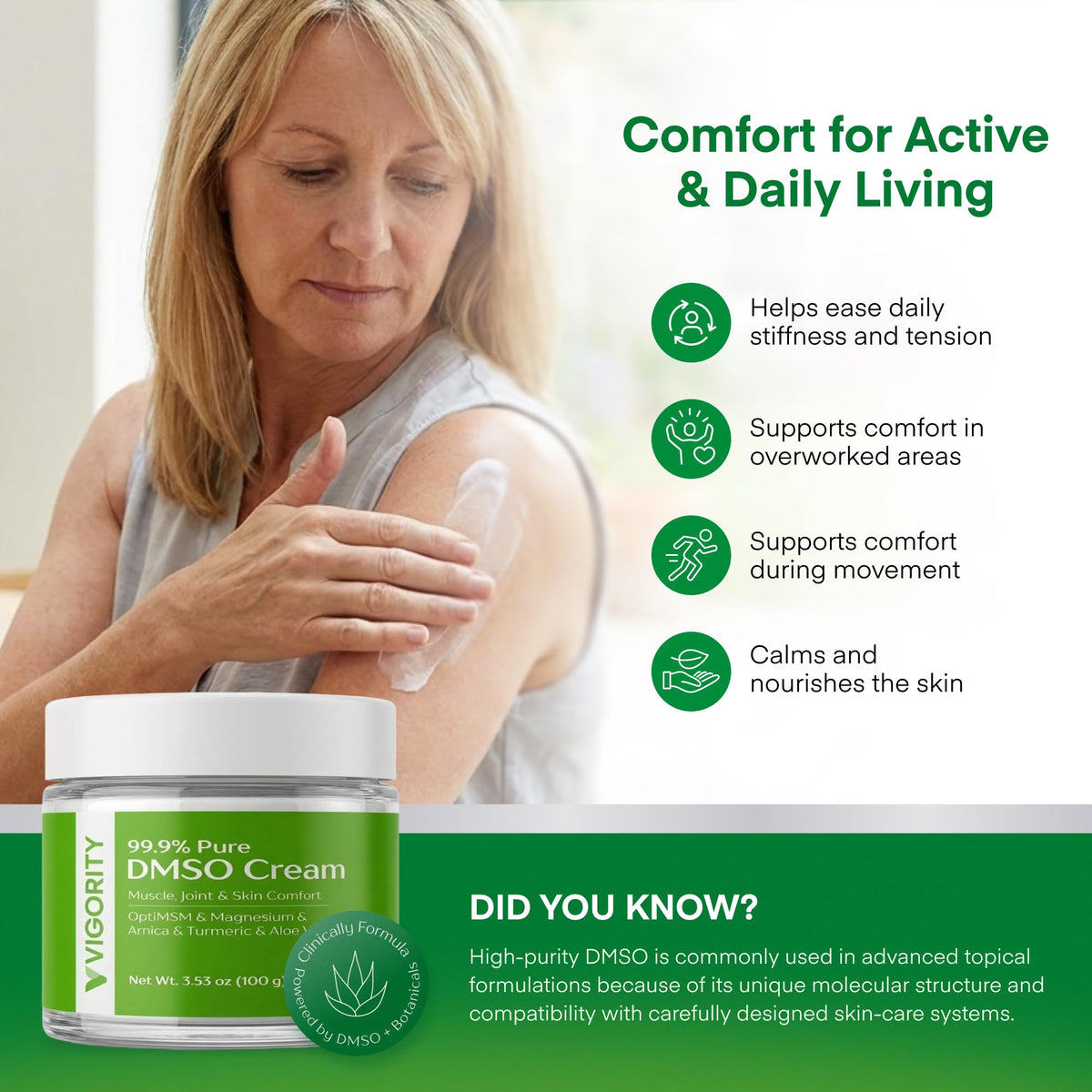 Vigority cream applied on forearm demonstrating even spreadability and comfortable finish